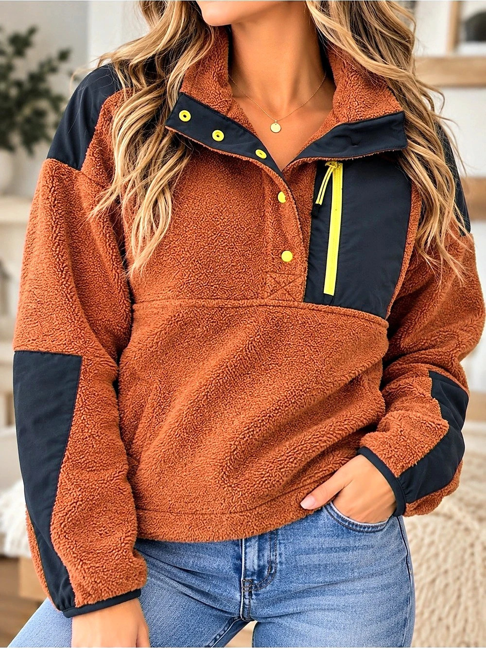 prAna Peak Snap Up Fleece Pullover Brown & Black Small